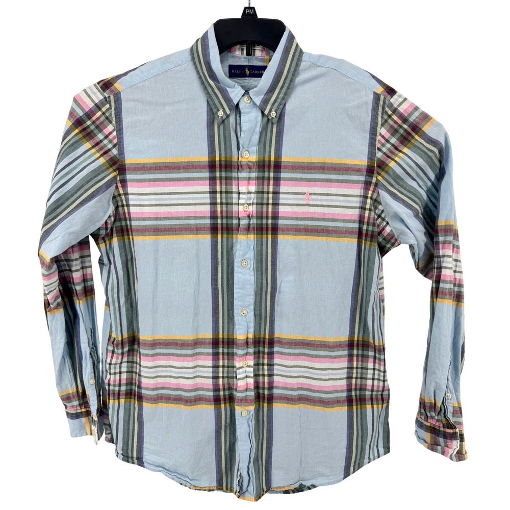 Ralph Lauren Madras Shirt Mens Large Blue Pink‎ Plaid Authentic Indian Cotton